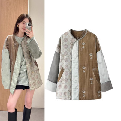 提花刺绣拼接撞色丝绒棉服外套女