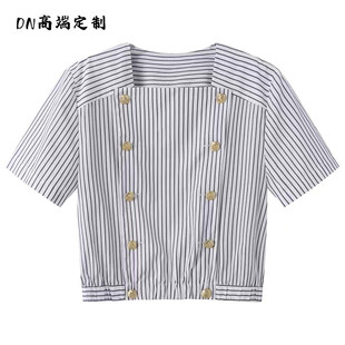 衬衫 DN高端定制2024夏季 百搭双排扣方领条纹短袖 新款 半身裙女 时尚