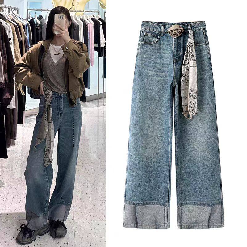 DN高端定制复古高腰阔腿牛仔裤女宽松显瘦拼接丝巾水洗直筒长裤