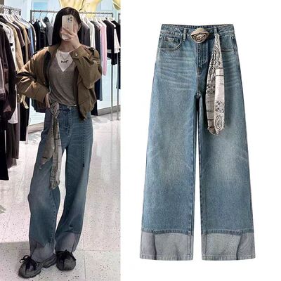 复古高腰阔腿牛仔裤女