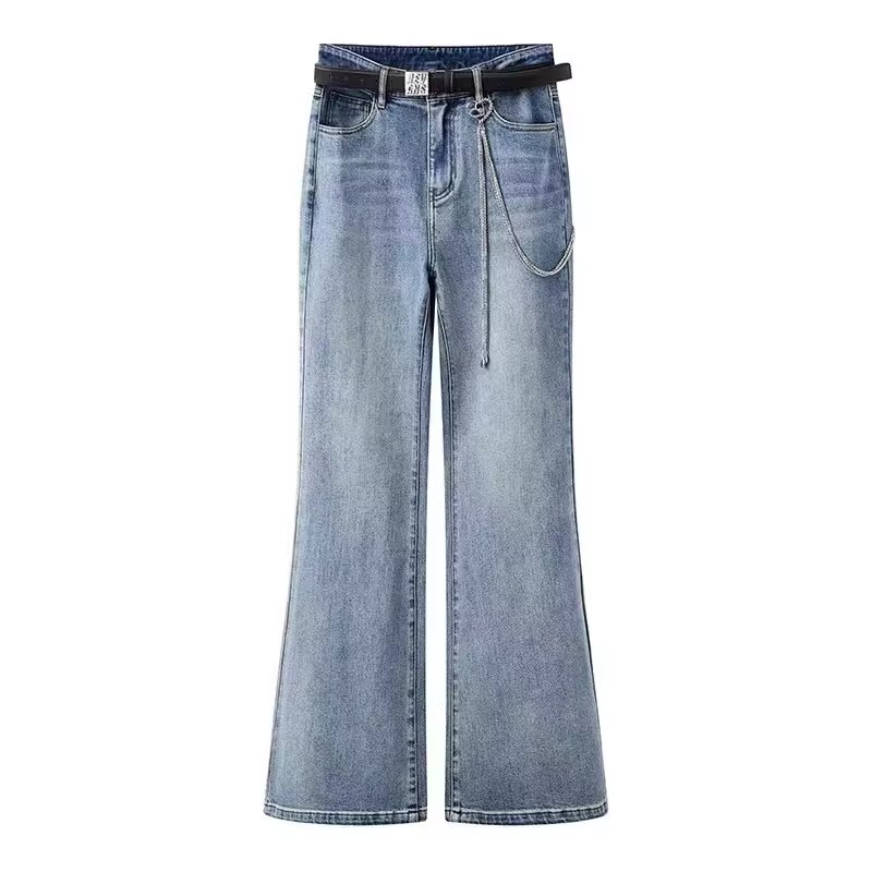 复古高腰皮带链条微喇显瘦牛仔裤