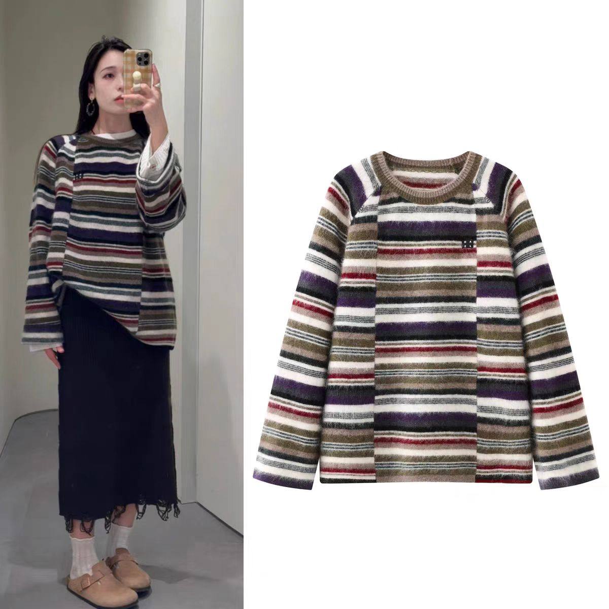DN高端定制2025冬季新款复古撞色条纹圆领宽松针织衫女慵懒风毛衣,女装/女士精品,毛针织衫,淘宝优惠券,粉丝福利购,淘宝优惠卷