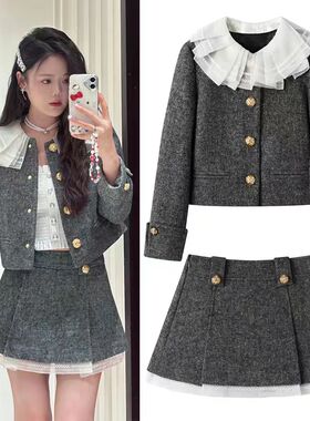 DN高端定制小香风减龄千金风短外套女娃娃领百褶领口半身裙