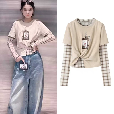 猫咪印花格纹叠穿真两件上衣女