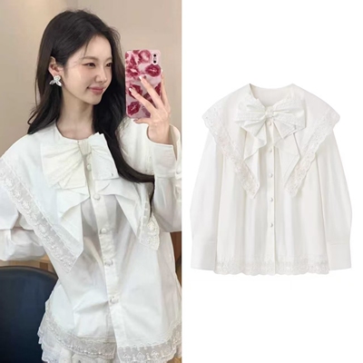 大蝴蝶结领钉珠拼接蕾丝花边衬衫