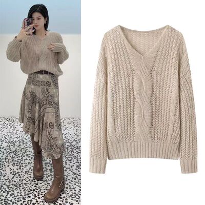 慵懒风V领镂空针织衫女