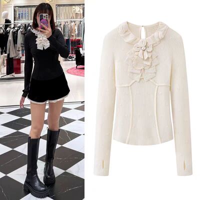 荷叶领立体装饰针织衫女