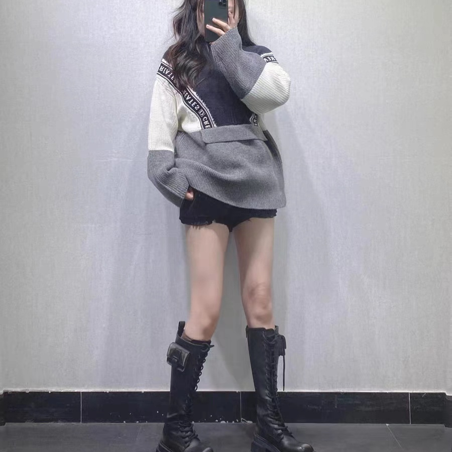 DN高端定制2025春季新款百搭宽松字母提花拼色半拉链套头针织衫女