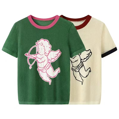 显瘦撞色圆领镂空短袖T恤女