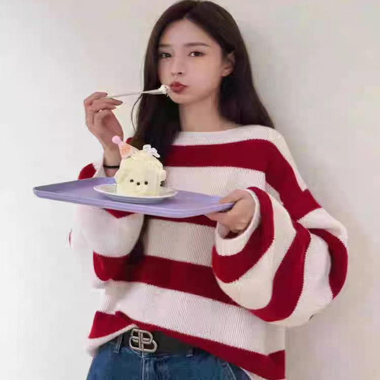 圆领宽松条纹针织衫上衣女