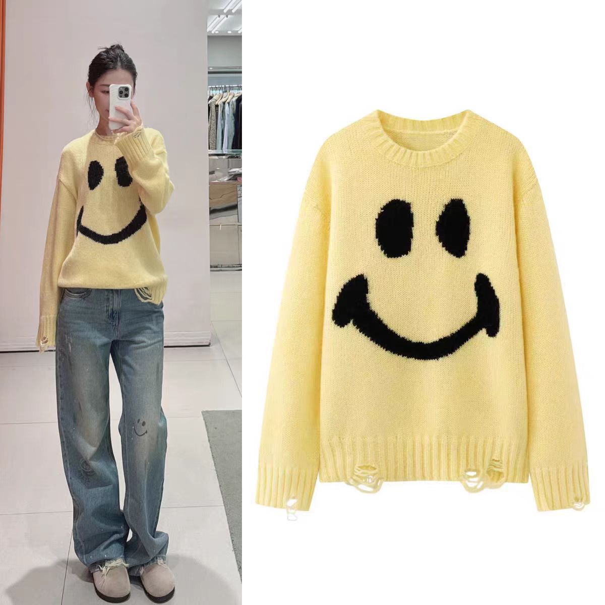 2025冬季新款笑脸破洞毛衣女