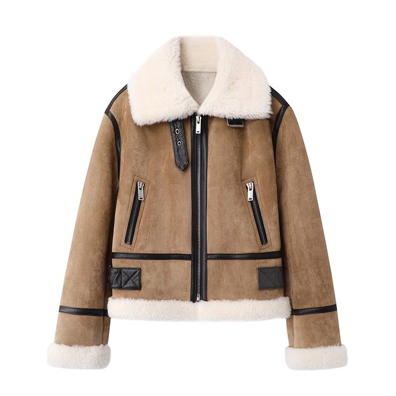 宽松拼接皮毛一体机车外套女