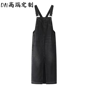 DN高端定制2023秋季新款复古水洗前面开叉中长款牛仔背带连衣裙女
