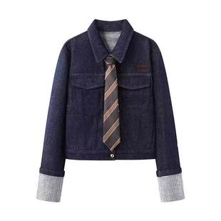 DN高端定制学院风领带牛仔外套女2026春季新品时尚短款衬衫上衣
