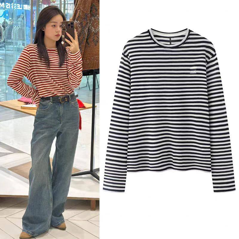 DN高端定制复古条纹长袖T恤女2026春季新款宽松百搭慵懒风打底衫