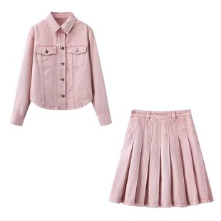 DN高端定制学院风粉色牛仔外套百褶裙女2026春季新款短款牛仔衬衫