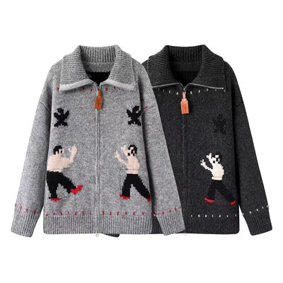卡通翻领拉链针织开衫女