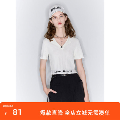 ibudu2024夏季新款修身短款V领短袖针织衫字母提花收腰女