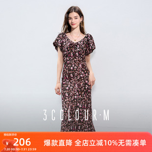 三彩2025夏季 碎花连衣裙A字裙长裙浪漫度假M 新款 V领泡泡袖