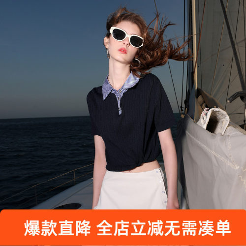 ibudu2025夏季新款修身短款针织衫格纹翻领短袖套头衫女