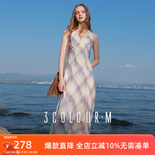 A字大摆长裙复古M 三彩2025秋季 新款 法式 浪漫格纹连衣裙高腰无袖