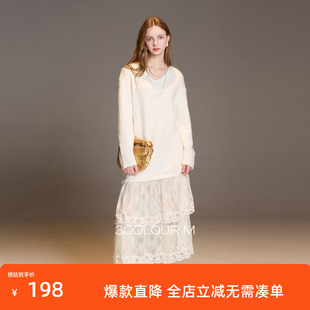 三彩2025冬季新款V领针织连衣裙长袖宽松假两件蕾丝裙M