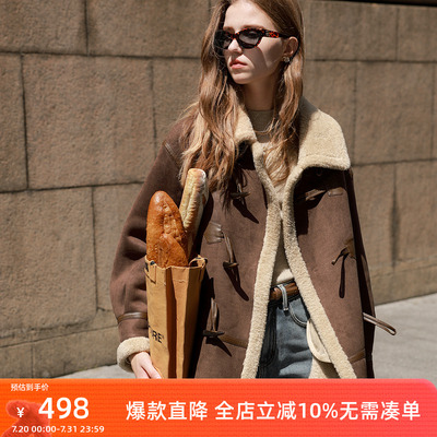 三彩2024冬季新款仿麂皮环保皮草仿皮毛一体机车服毛绒外套女M