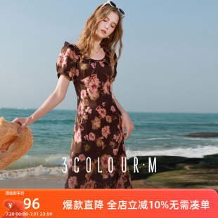 新款 三彩2025春季 荷叶边圆领玫瑰印花连衣裙复古度假风长裙M