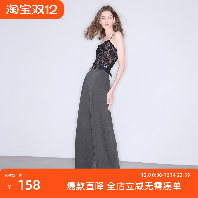 ibudu2025夏季新款休闲直筒裤收腰拖地长裤复古显瘦简约女