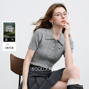 三彩2026夏季新款绞花针织衫POLO领毛衫刺绣短袖上衣短款M