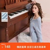 三彩2025冬季 套头上衣慵懒宽松M 开叉长袖 新款 蕾丝花边V领针织衫