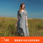 ibudu2025春季 新款 肌理感格纹连衣裙V领收腰A字长裙复古女