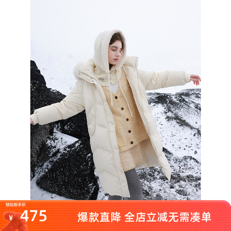 ibudu2024冬季新款长款羽绒服连帽狐狸毛领白鸭绒外套保暖女
