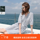 ibudu2025夏季 新款 度假风绣花连衣裙V领宽松条纹短裙女