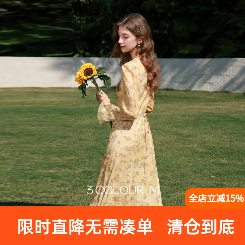三彩2026春季新款碎花连衣裙长袖法式V领收腰A字裙长裙浪漫M图片