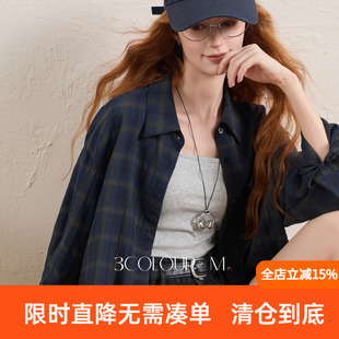 三彩2026秋季新款落肩袖格纹衬衣宽松中长衬衫上衣休闲简约M