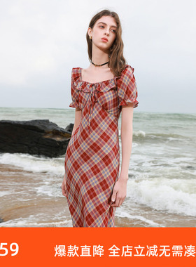 ibudu2025夏季新款复古格纹雪纺连衣裙方领泡泡袖长裙女
