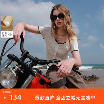 ibudu2025夏季新款蕾丝花边方领针织衫修身短袖套头衫女