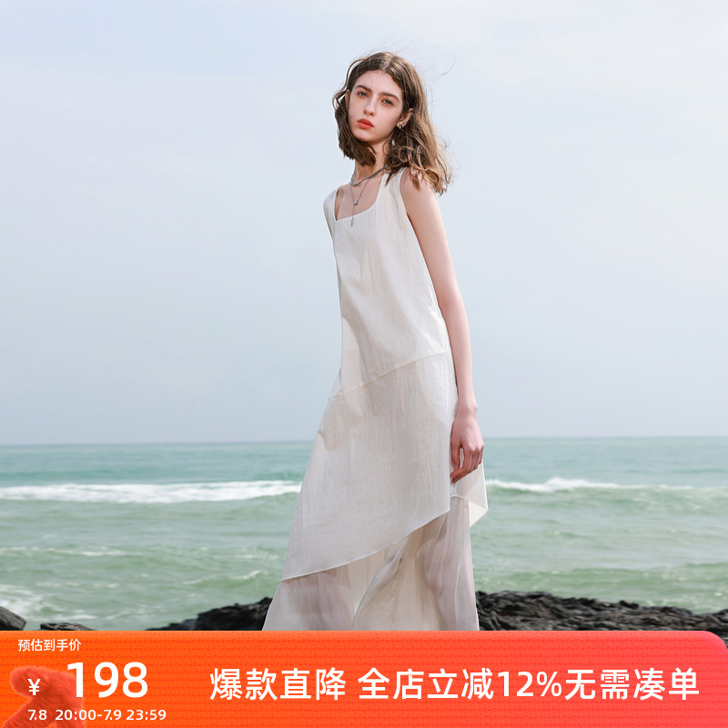 ibudu2025夏季新款方领无袖假两件背心裙宽松连衣裙长裙女