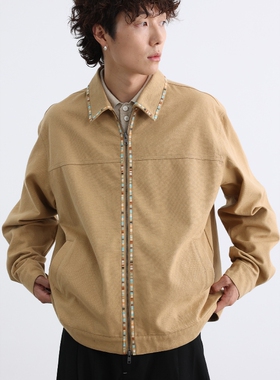 美式复古织条帆布工装夹克男潮牌宽松休闲直筒翻领双拉链情侣外套