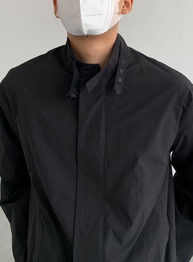 美式痞帅小立领黑色夹克男潮牌设计感休闲基础款百搭开衫衬衣外套