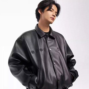 国潮黑魂刺绣痞帅翻领皮衣外套男潮牌宽松休闲情侣机车夹克棉衣冬