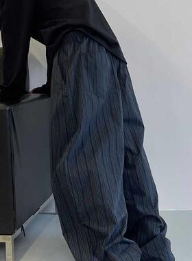 复古黑蓝竖条纹阔腿裤男美式潮牌慵懒风宽松休闲设计感拖地裤长裤