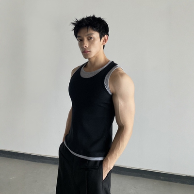 美式工字假两件修身背心男