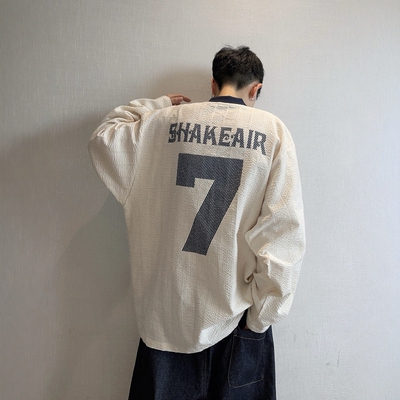 美式复古小v领褶皱泡泡衫薄卫衣