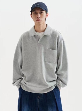 日系复古纯色polo衫卫衣男女宽松休闲百搭纯色翻领情侣半开领上衣