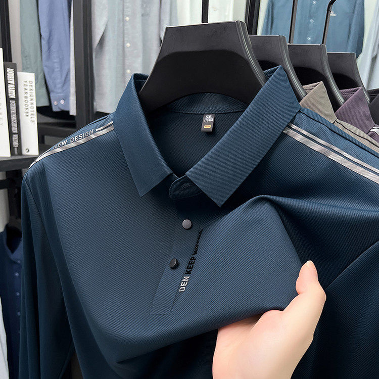 2025年新款长袖t恤男士春夏季冰丝薄款宽松翻领Polo衫中年爸爸装