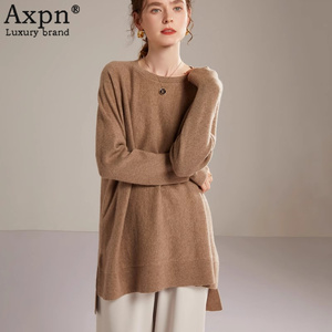 鄂尔多斯市长袖女2024冬新款100纯山羊绒衫中长款圆领宽松针织衫