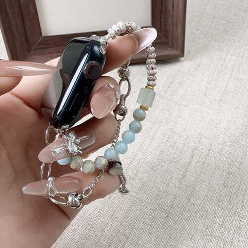 为春适用iWatch11苹果手表表带寿山石调节链小众s10新款蓝色串珠i
