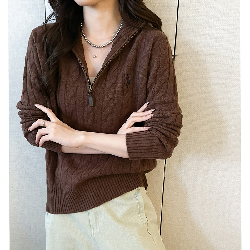 时尚朗姿半拉链立领麻花毛衣女冬季新款宽松羊毛针织衫套头打底衫